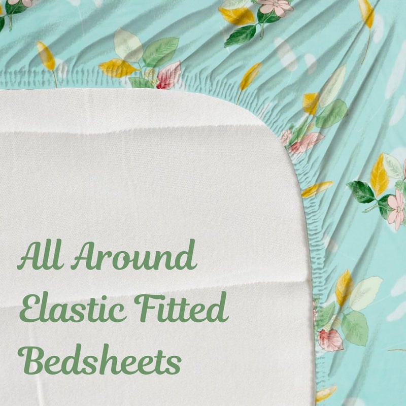 Purav Light Elastic Fitted King Size Bedsheet (72x36 inch) with 1 Matching Pillow Covers (18x28 inch) for Double Bed, Microfiber 280TC Printed Design - Aqua - Image 2