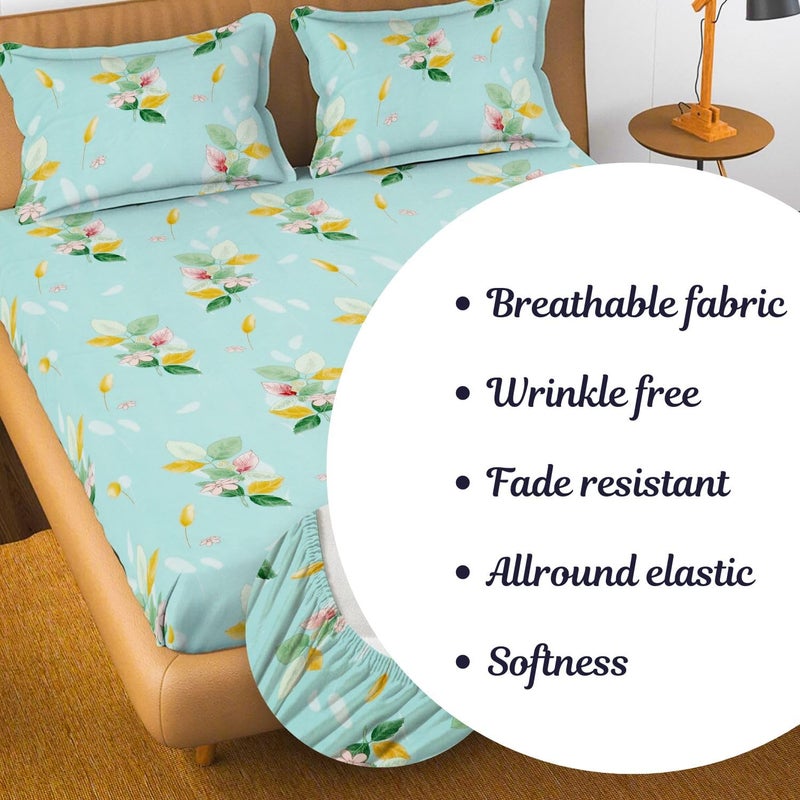 Purav Light Elastic Fitted King Size Bedsheet (72x36 inch) with 1 Matching Pillow Covers (18x28 inch) for Double Bed, Microfiber 280TC Printed Design - Aqua - Image 3