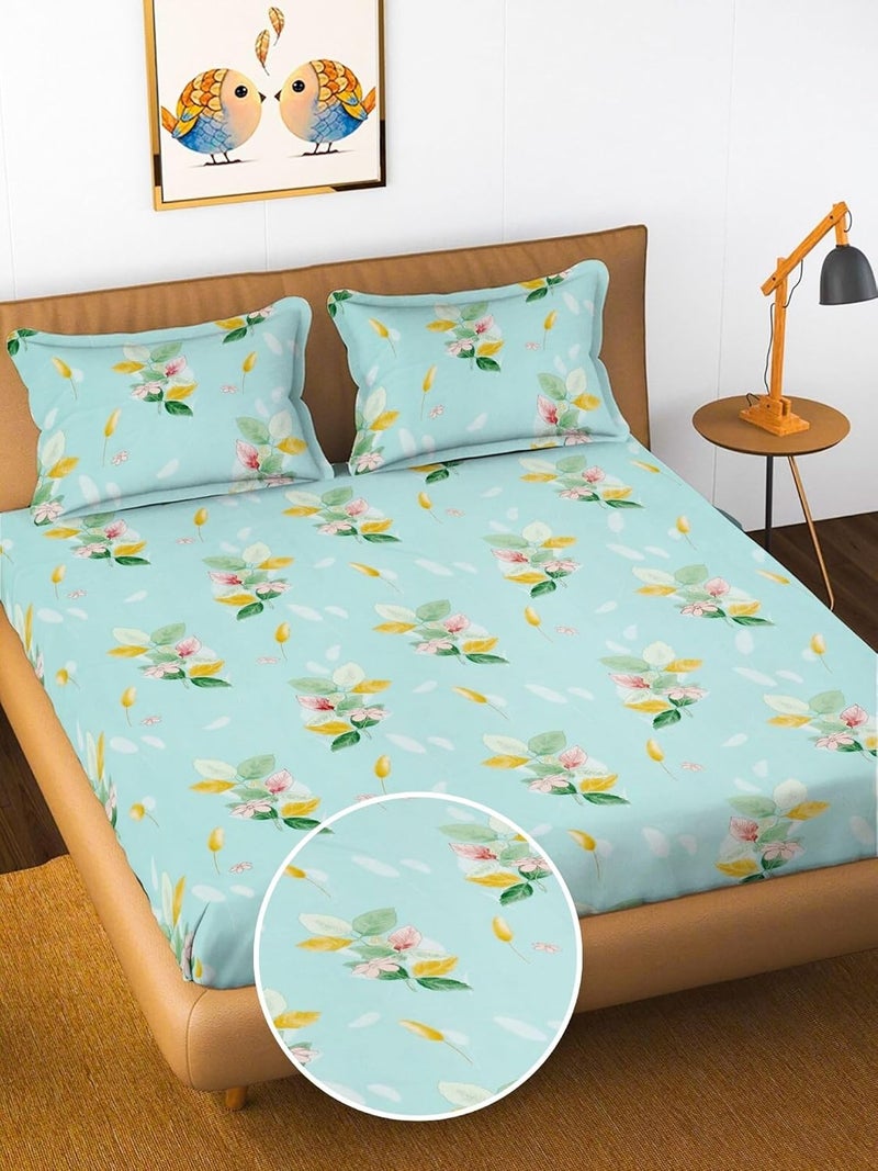 Purav Light Elastic Fitted King Size Bedsheet (72x36 inch) with 1 Matching Pillow Covers (18x28 inch) for Double Bed, Microfiber 280TC Printed Design - Aqua - Image 1