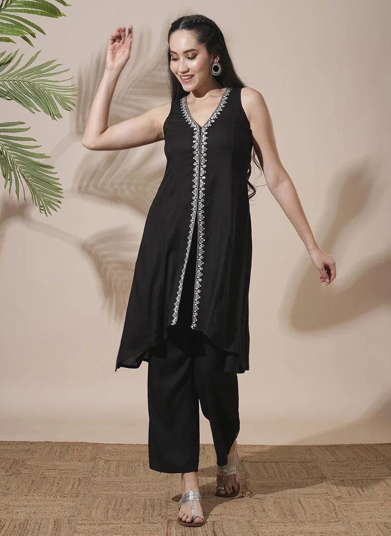 globus Globus Women V-Neck Embroidered & Mirror Work High-Low Hem A-Line Kurta & Trousers Festive Set