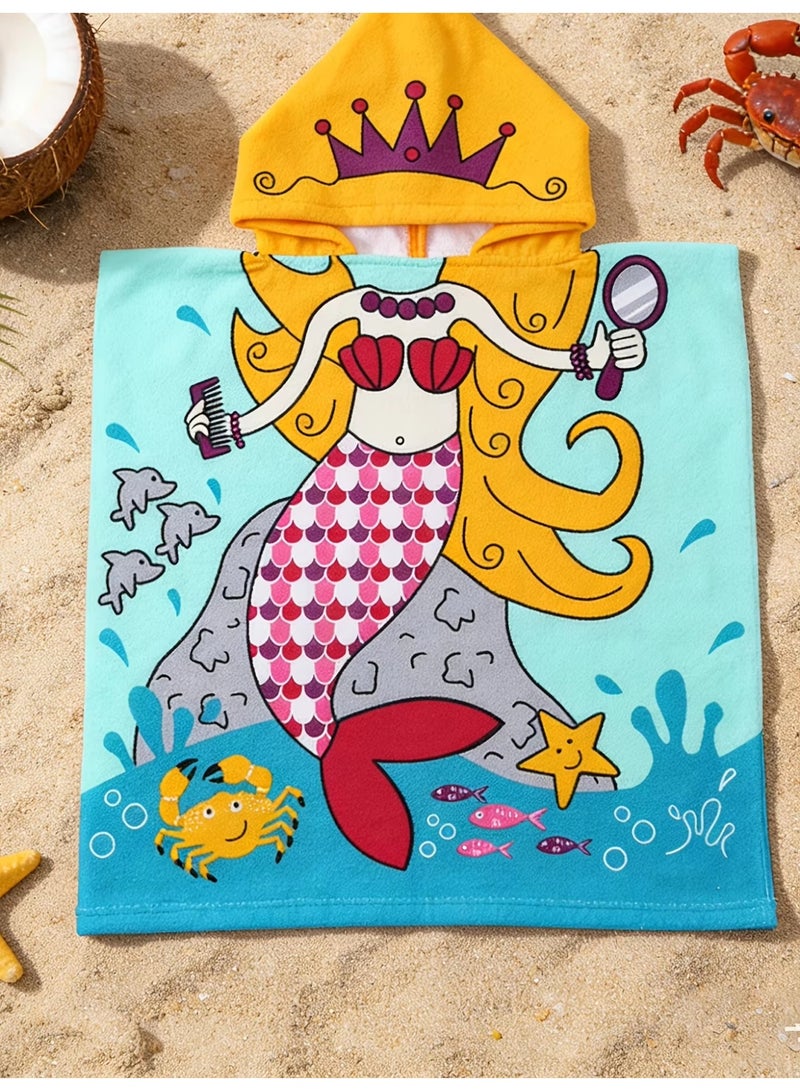 1Pcs Cartoon Mermaid Printed Hooded Towel Soft Towel Super Absorbent Suit For Beach Pool Seaside Camping Gift For Boy Or Girl - Image 5