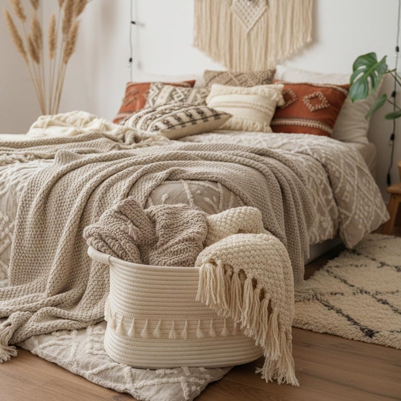TeoKJ White Cotton Rope Baskets for Storage, Set of 3 Woven Laundry Baskets for Organizing and Storing, Blanket Basket for Living Room, Laundry, Bathroom, Shelves - Image 2