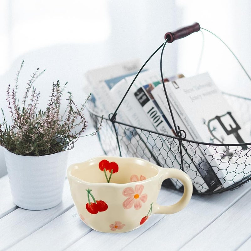 XinHuiGY Cute Coffee Mug Gift for Women Ceramic Tea cup Kawaii mugs Handmade Creative Flower Pink mug with Spoon Aesthetic mugs for Cappuccino Milk Cocoa, 8.5 oz Cheery Mug for Mom Mother day (Pink) - Image 5