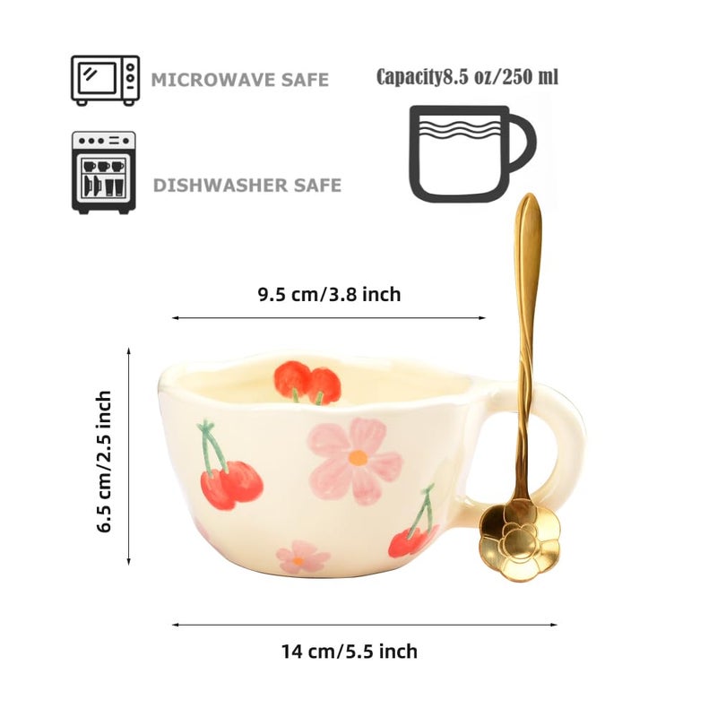 XinHuiGY Cute Coffee Mug Gift for Women Ceramic Tea cup Kawaii mugs Handmade Creative Flower Pink mug with Spoon Aesthetic mugs for Cappuccino Milk Cocoa, 8.5 oz Cheery Mug for Mom Mother day (Pink) - Image 4