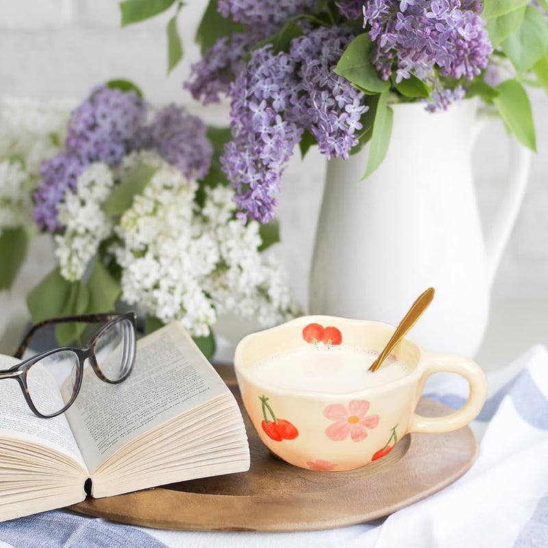 XinHuiGY Cute Coffee Mug Gift for Women Ceramic Tea cup Kawaii mugs Handmade Creative Flower Pink mug with Spoon Aesthetic mugs for Cappuccino Milk Cocoa, 8.5 oz Cheery Mug for Mom Mother day (Pink) - Image 3