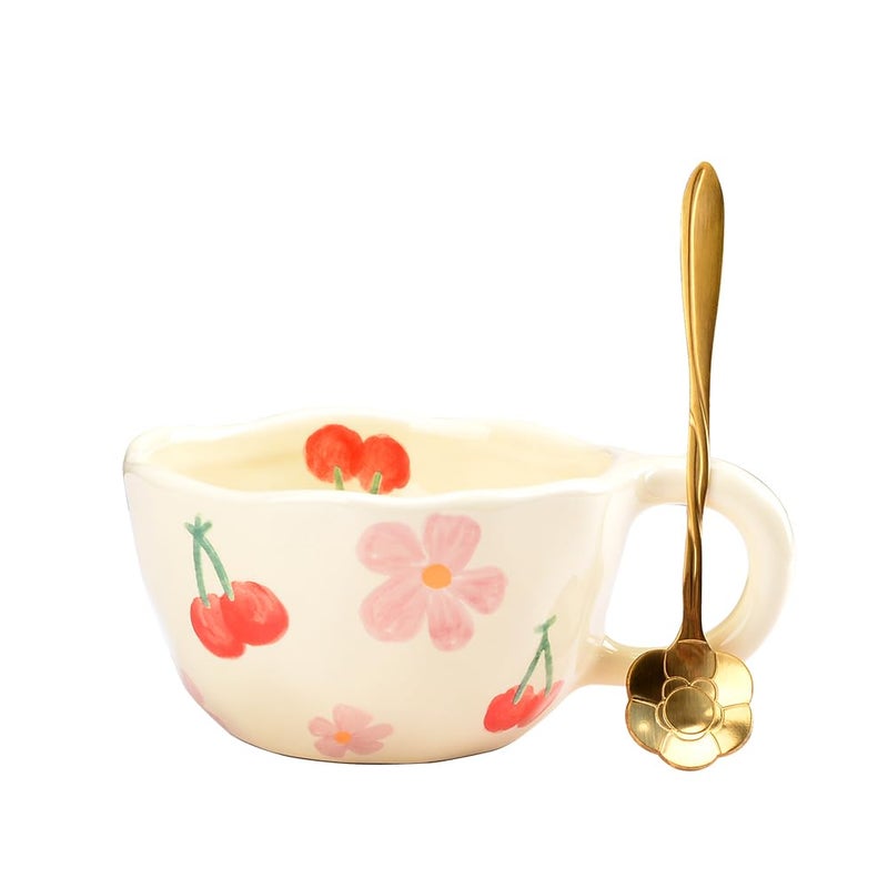 XinHuiGY Cute Coffee Mug Gift for Women Ceramic Tea cup Kawaii mugs Handmade Creative Flower Pink mug with Spoon Aesthetic mugs for Cappuccino Milk Cocoa, 8.5 oz Cheery Mug for Mom Mother day (Pink) - Image 1