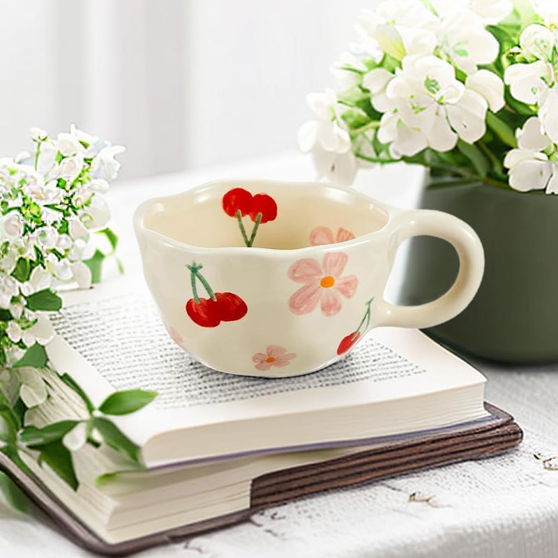 XinHuiGY Cute Coffee Mug Gift for Women Ceramic Tea cup Kawaii mugs Handmade Creative Flower Pink mug with Spoon Aesthetic mugs for Cappuccino Milk Cocoa, 8.5 oz Cheery Mug for Mom Mother day (Pink) - Image 2