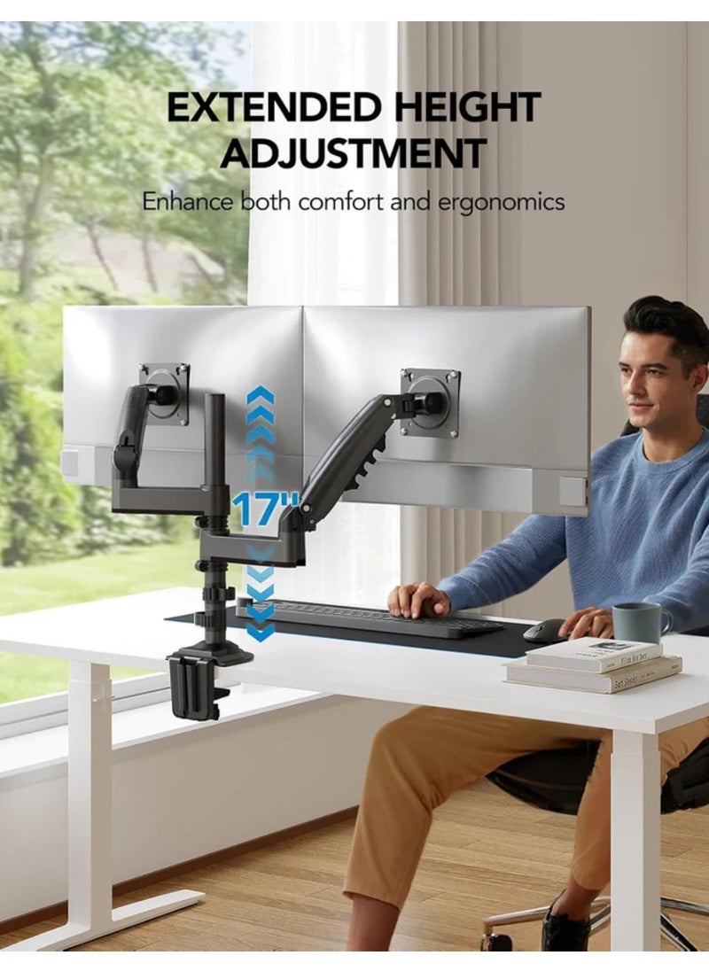 HUANUO - 17-32 Inch Dual Monitor Stand, Gas Spring Dual Monitor Mount, Monitor Stand 2 Monitors, Ergonomic Adjustable Tilt Swivel Rotate, Weight Max 19.8 lbs, VESA 75/100mm HNDS8 Dual Monitor Mount Adjustable Desk Monitor Mount VESA Bracket with C-Clamp and Grommet Hole Mounting Base - Image 1