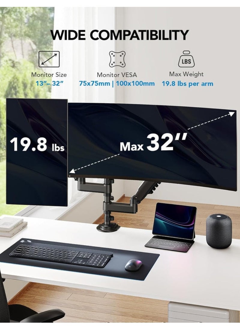 HUANUO - 17-32 Inch Dual Monitor Stand, Gas Spring Dual Monitor Mount, Monitor Stand 2 Monitors, Ergonomic Adjustable Tilt Swivel Rotate, Weight Max 19.8 lbs, VESA 75/100mm HNDS8 Dual Monitor Mount Adjustable Desk Monitor Mount VESA Bracket with C-Clamp and Grommet Hole Mounting Base - Image 1