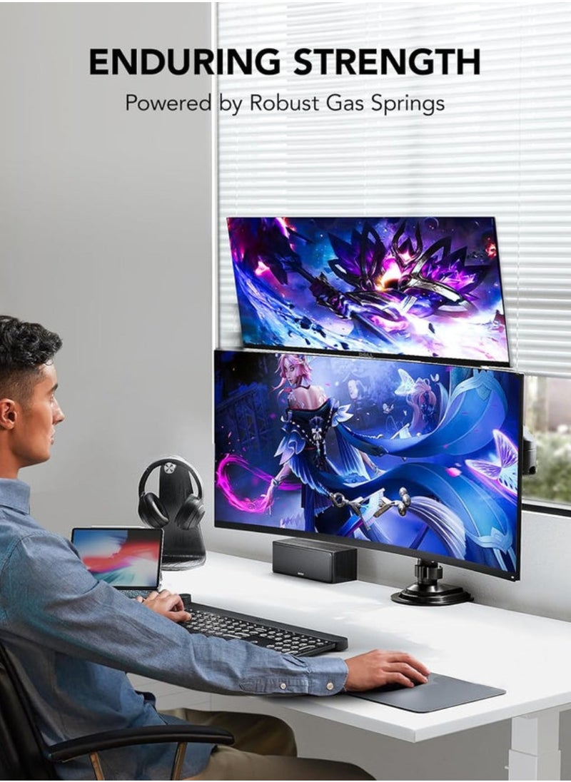HUANUO - 17-32 Inch Dual Monitor Stand, Gas Spring Dual Monitor Mount, Monitor Stand 2 Monitors, Ergonomic Adjustable Tilt Swivel Rotate, Weight Max 19.8 lbs, VESA 75/100mm HNDS8 Dual Monitor Mount Adjustable Desk Monitor Mount VESA Bracket with C-Clamp and Grommet Hole Mounting Base - Image 1