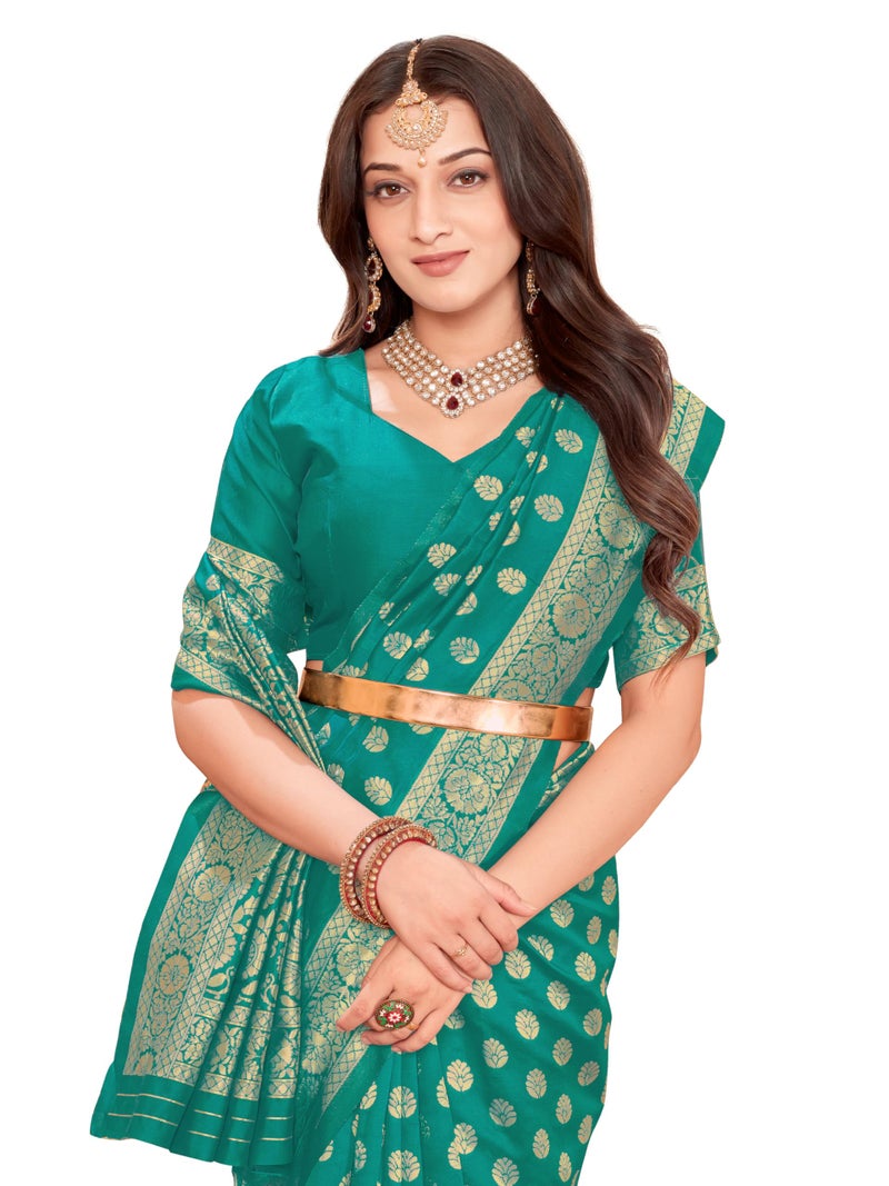 Glory Sarees Women’s Banarasi Silk Saree With Blouse Piece (Kalamkarisaree_Rama) - Image 1