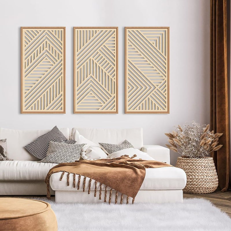 IARTTOP Large Boho Wooden Wall Art 16x32 Inch Framed Mid century Modern Wood Wall Decor Minimalist Modern Bohemian Decor for Dining Room Living Room Bedroom Set of 3 - Image 2