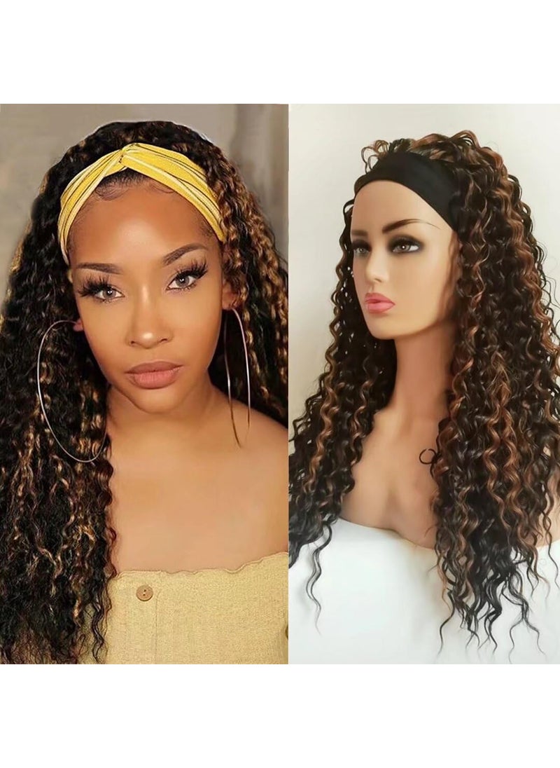Auflaund - Highlight Curly Headband Wig Deep Wave Synthetic 2 Tone Long Layered Brown Wigs for Afro Black Women Glueless Hair Band Curly Wig 24 Inch - Image 1