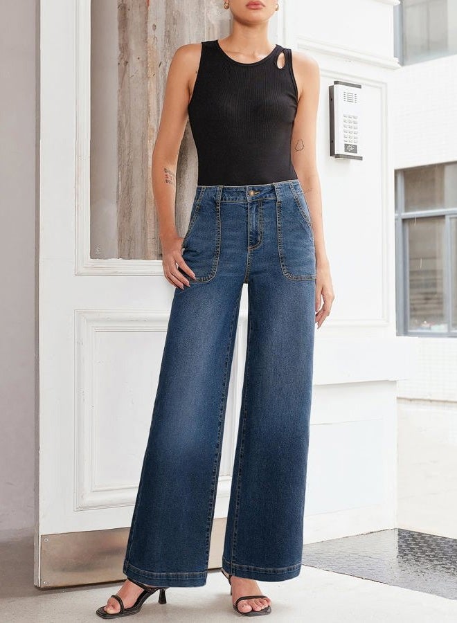 Sidefeel Womens Wide Leg Jeans High Waisted Stretchy Straight Leg Baggy Denim Pants with Pockets, Real Teal, 8 - Image 4