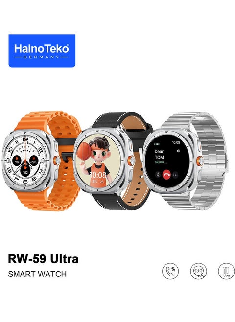 Haino Teko Germany RW59 Ultra Smart Watch With AMOLED Display and 3 Pair Straps For Gents Silver