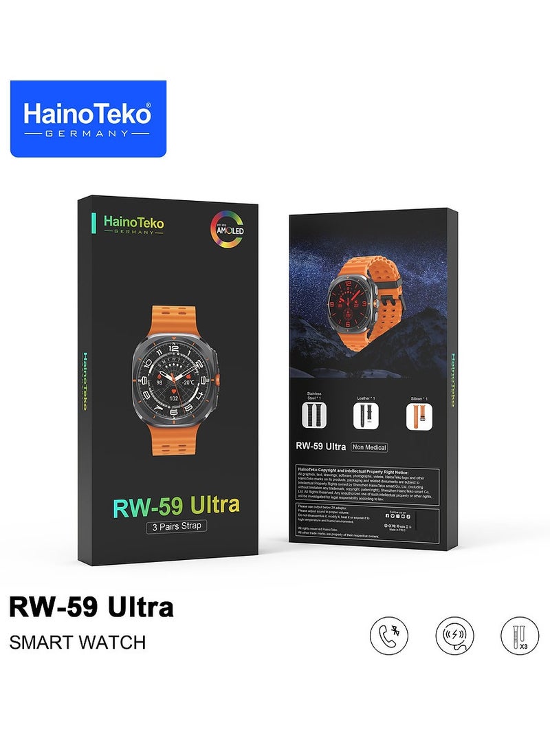 Haino Teko Germany RW59 Ultra Smart Watch With AMOLED Display and 3 Pair Straps For Gents Silver