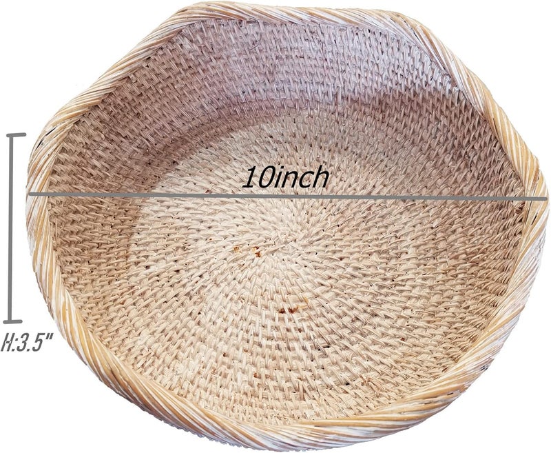 amololo Handmade White Rattan Round Fruit Basket Food Storage Bowls Kitchen Organizer Snack Serving Bowl Wavy Edge Circle Tray Basket Boho Home Dcor Display Tray for Table Dining RoomM - Image 2