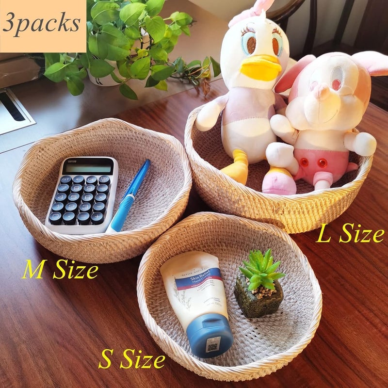 amololo Handmade White Rattan Round Fruit Basket Food Storage Bowls Kitchen Organizer Snack Serving Bowl Wavy Edge Circle Tray Basket Boho Home Dcor Display Tray for Table Dining RoomM - Image 4