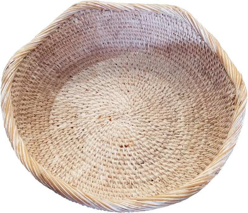 amololo Handmade White Rattan Round Fruit Basket Food Storage Bowls Kitchen Organizer Snack Serving Bowl Wavy Edge Circle Tray Basket Boho Home Dcor Display Tray for Table Dining RoomM - Image 1