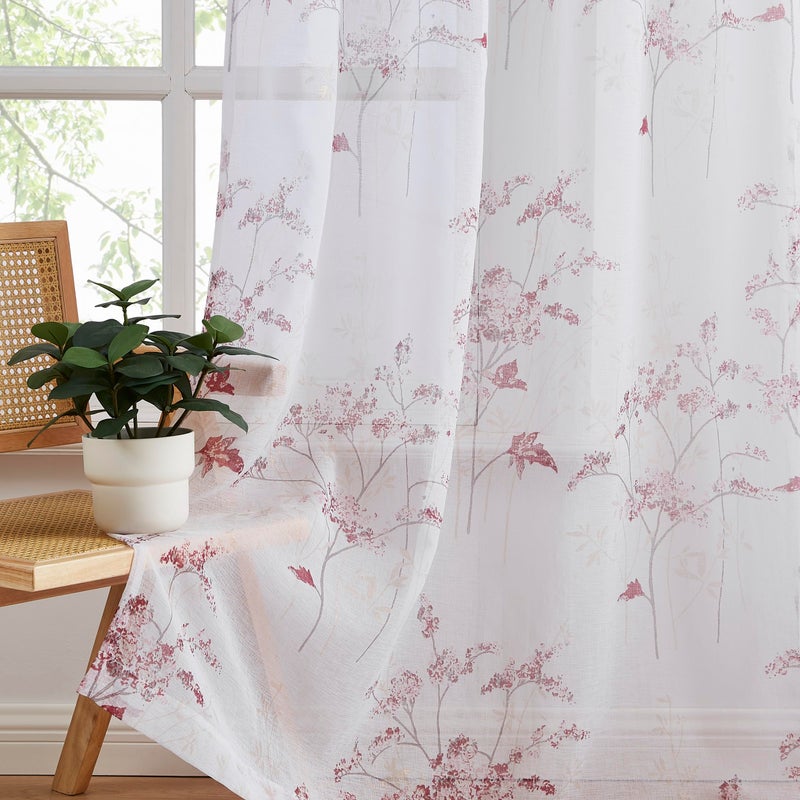 LinenZone Sheer Printed White Curtains with Pink Leaf Design. White Farmhouse Curtains for Living Room. (Katia 54 x 84, Pink) - Image 2