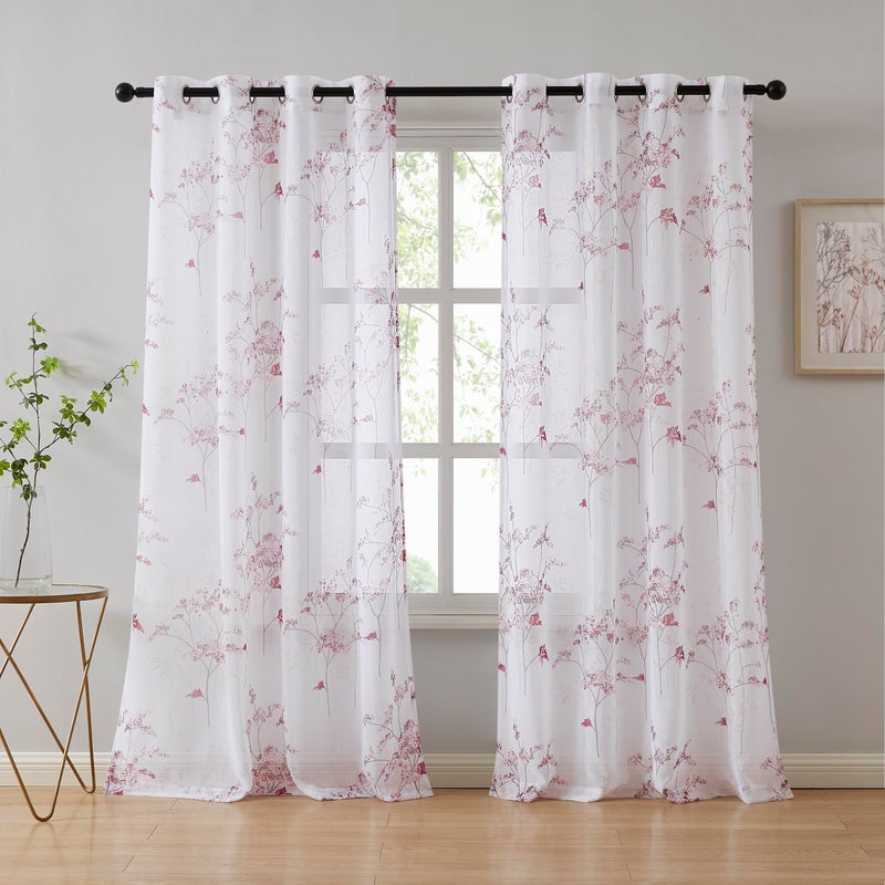 LinenZone Sheer Printed White Curtains with Pink Leaf Design. White Farmhouse Curtains for Living Room. (Katia 54 x 84, Pink) - Image 1