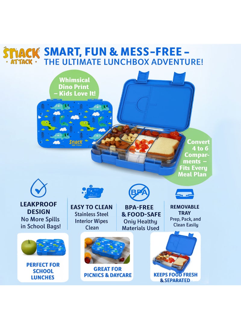 Snack attack صندوق غداء ديناصور سناك أتاك للأطفال - 4 أو 6 أقسام قابلة للتحويل - فولاذ مقاوم للصدأ مع ختم سيليكون - خالي من BPA - تصميم ديناصور ممتع - صندوق غداء مدرسي للأولاد والبنات - Image 5