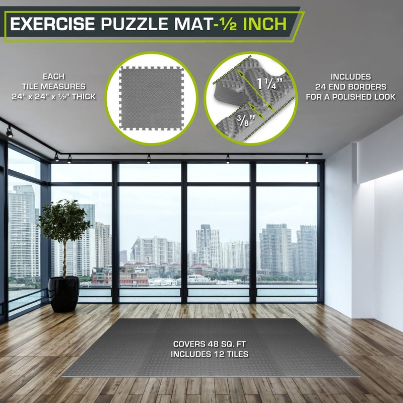 ProsourceFit Puzzle Exercise Mat Â½ in, EVA Interlocking Foam Floor Tiles for Home Gym, Mat for Home Workout Equipment, Floor Padding for Kids, Grey, 24 in x 24 in x Â½ in, 48 Sq Ft - 12 Tiles - Image 2