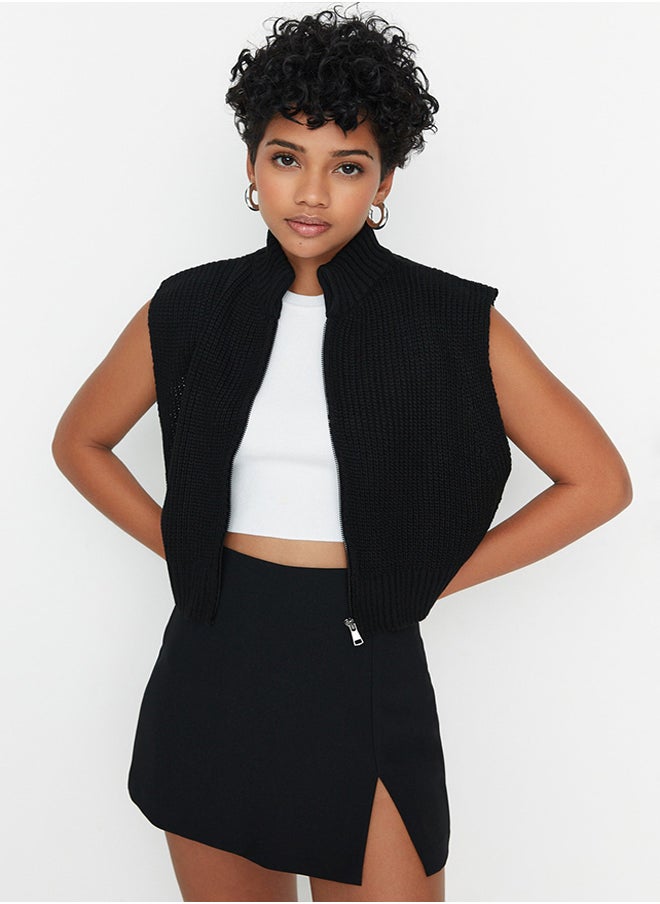 trendyol - Black Crop Zipper Basic Knitwear Sweater TWOAW23HI0015 - Image 1