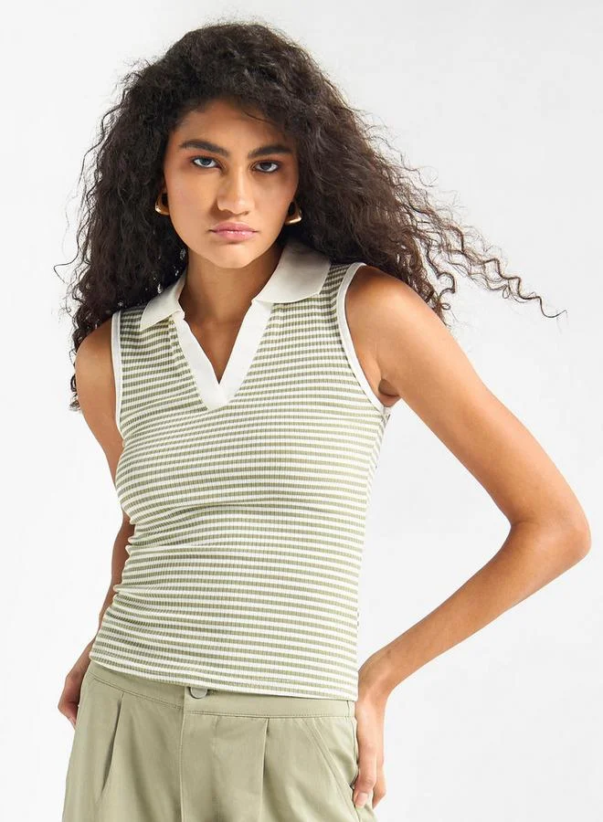 Splash FAV Striped Sleeveless Top with Collar