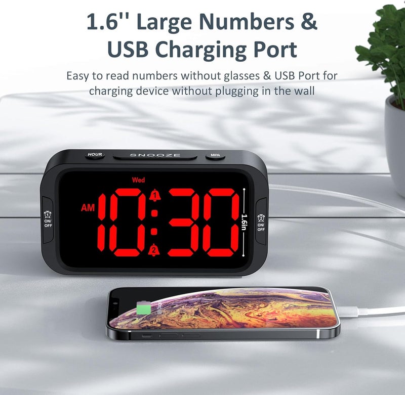 Odokee Digital Dual Alarm Clock for Bedroom, Easy to Set, 0-100% Dimmer, USB Charger, 5 Sounds Adjustable Volume, Weekday/Weekend Mode, Snooze, 12/24Hr, Battery Backup, Compact Clock for Bedside(Red) - Image 5