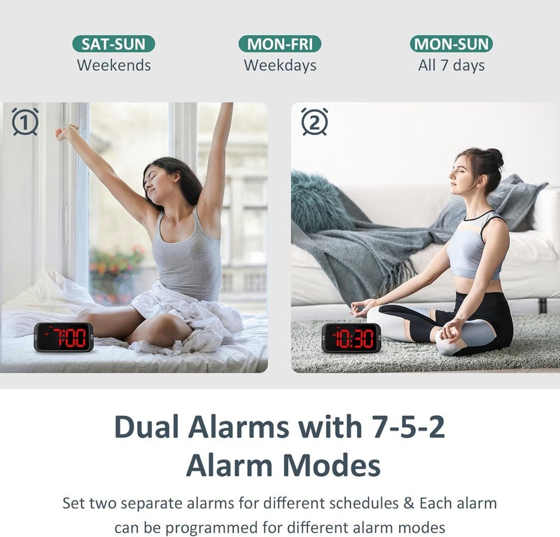 Odokee Digital Dual Alarm Clock for Bedroom, Easy to Set, 0-100% Dimmer, USB Charger, 5 Sounds Adjustable Volume, Weekday/Weekend Mode, Snooze, 12/24Hr, Battery Backup, Compact Clock for Bedside(Red) - Image 3
