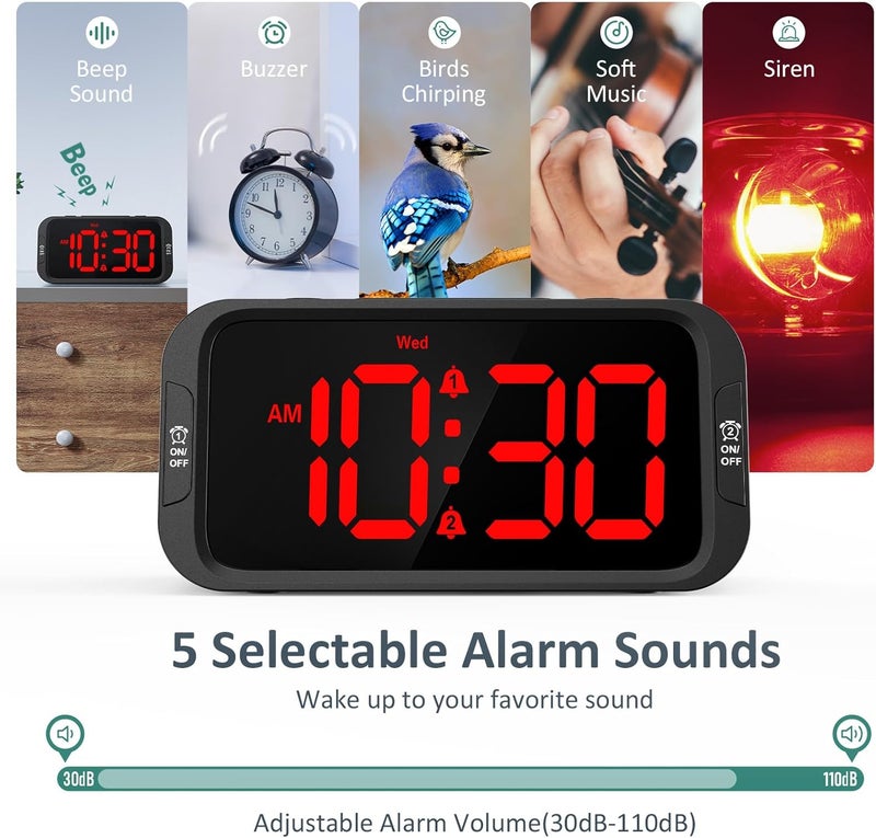 Odokee Digital Dual Alarm Clock for Bedroom, Easy to Set, 0-100% Dimmer, USB Charger, 5 Sounds Adjustable Volume, Weekday/Weekend Mode, Snooze, 12/24Hr, Battery Backup, Compact Clock for Bedside(Red) - Image 4