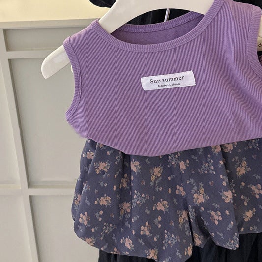 2024 Girls Cute Floral Vest Top Tee Set Purple coat cotton pants [set]]