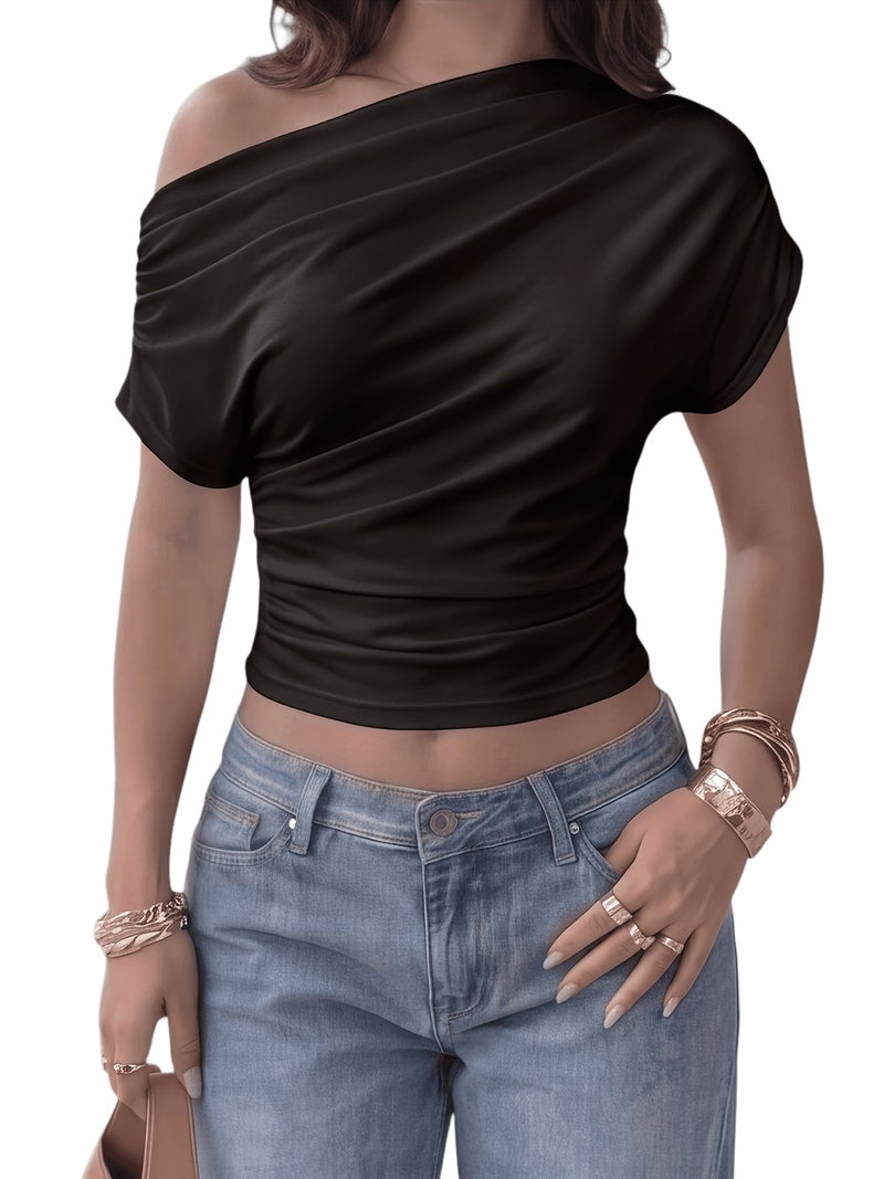 2026 Niche New Style Waist - Cinching Cross - Shoulder Slim - Fit Short - Sleeve Top - Black / XS - Image 1