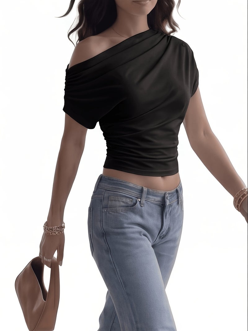 2026 Niche New Style Waist - Cinching Cross - Shoulder Slim - Fit Short - Sleeve Top - Black / XS - Image 5
