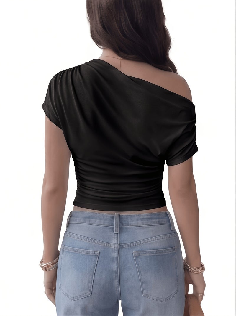 2026 Niche New Style Waist - Cinching Cross - Shoulder Slim - Fit Short - Sleeve Top - Black / XS - Image 2
