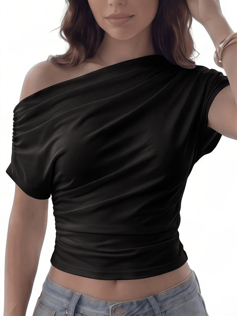 2026 Niche New Style Waist - Cinching Cross - Shoulder Slim - Fit Short - Sleeve Top - Black / XS - Image 3