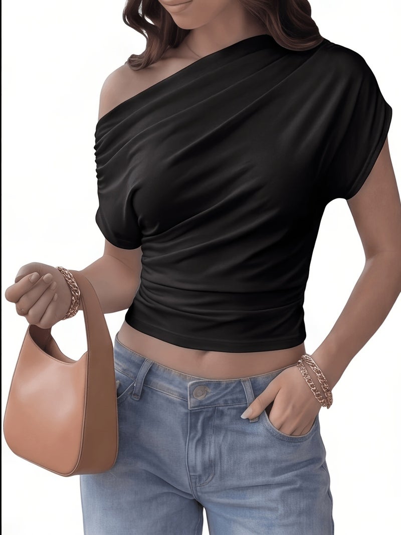 2026 Niche New Style Waist - Cinching Cross - Shoulder Slim - Fit Short - Sleeve Top - Black / XS - Image 4