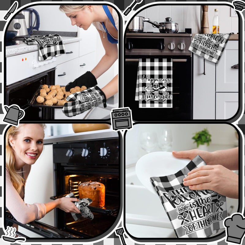 Sratte 6 Pcs Kitchen Decor Accessories Set Farmhouse Towels Pot Holders Oven Mitts Set 2 Dish Towels 2 Potholders 2 Cooking Mittens Oven Glove for Christmas Baking Cooking Supply(Black White,Kitchen) - Image 5