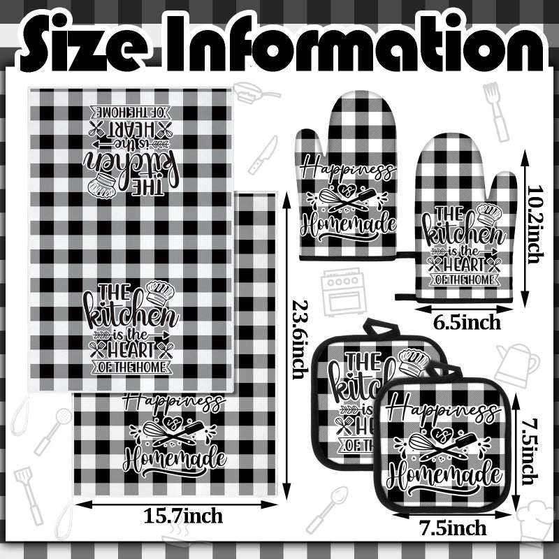 Sratte 6 Pcs Kitchen Decor Accessories Set Farmhouse Towels Pot Holders Oven Mitts Set 2 Dish Towels 2 Potholders 2 Cooking Mittens Oven Glove for Christmas Baking Cooking Supply(Black White,Kitchen) - Image 4