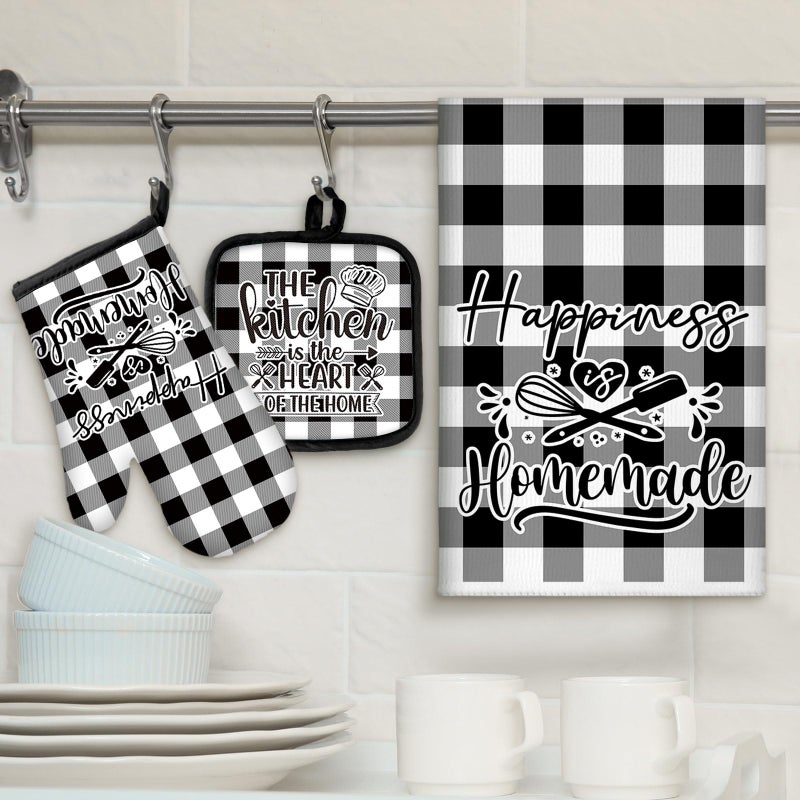 Sratte 6 Pcs Kitchen Decor Accessories Set Farmhouse Towels Pot Holders Oven Mitts Set 2 Dish Towels 2 Potholders 2 Cooking Mittens Oven Glove for Christmas Baking Cooking Supply(Black White,Kitchen) - Image 2