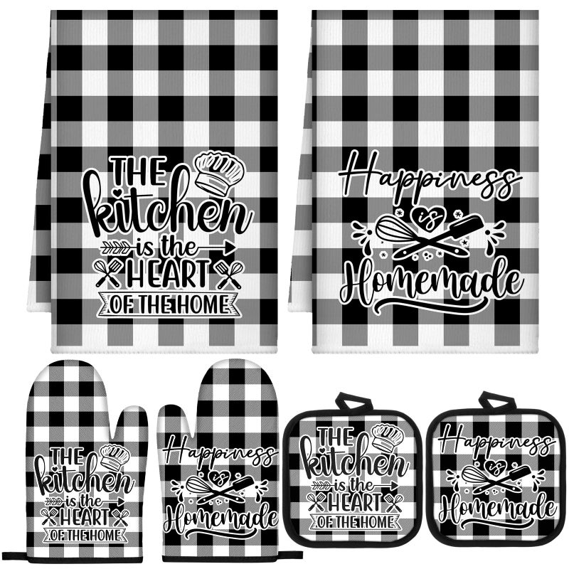 Sratte 6 Pcs Kitchen Decor Accessories Set Farmhouse Towels Pot Holders Oven Mitts Set 2 Dish Towels 2 Potholders 2 Cooking Mittens Oven Glove for Christmas Baking Cooking Supply(Black White,Kitchen) - Image 1