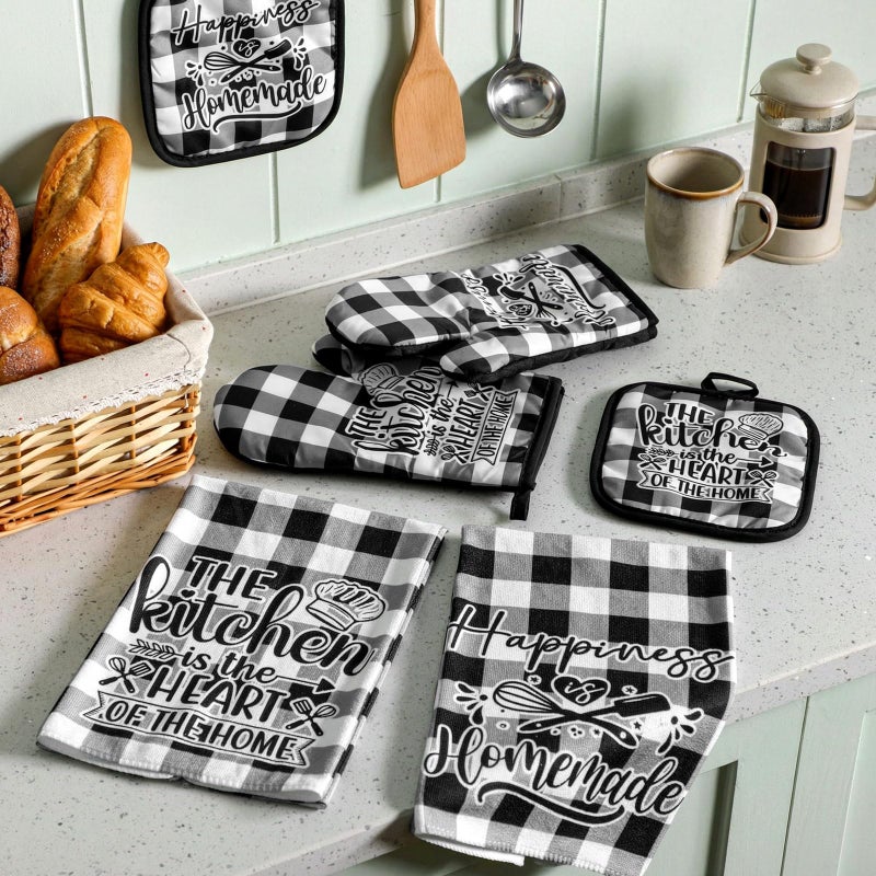 Sratte 6 Pcs Kitchen Decor Accessories Set Farmhouse Towels Pot Holders Oven Mitts Set 2 Dish Towels 2 Potholders 2 Cooking Mittens Oven Glove for Christmas Baking Cooking Supply(Black White,Kitchen) - Image 3