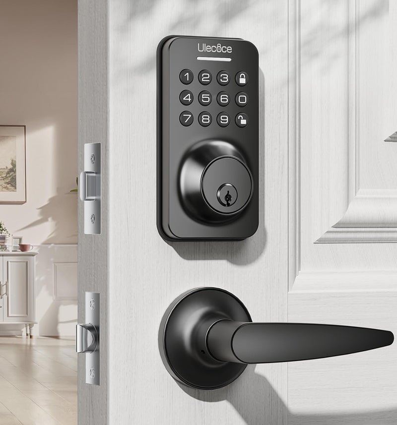 Ulecoce Keyless Entry Keypad Deadbolt with Handle Set, Smart Lock, Auto-Lock + One-Touch Lock, 100 Codes + 15-Min Easy Install, Ideal for Airbnb/Homes/Offices, Fits U.S. Standard Front Doors, Black - Image 1