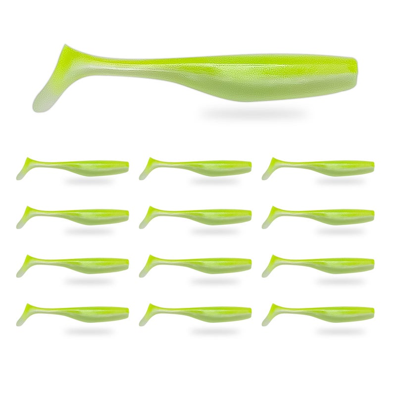 Fish On Tackle 3 1/4" Soft Plastic Paddle Tail Swimbait Pack of 12 - Pearl White with Electric Green Tail - Image 1