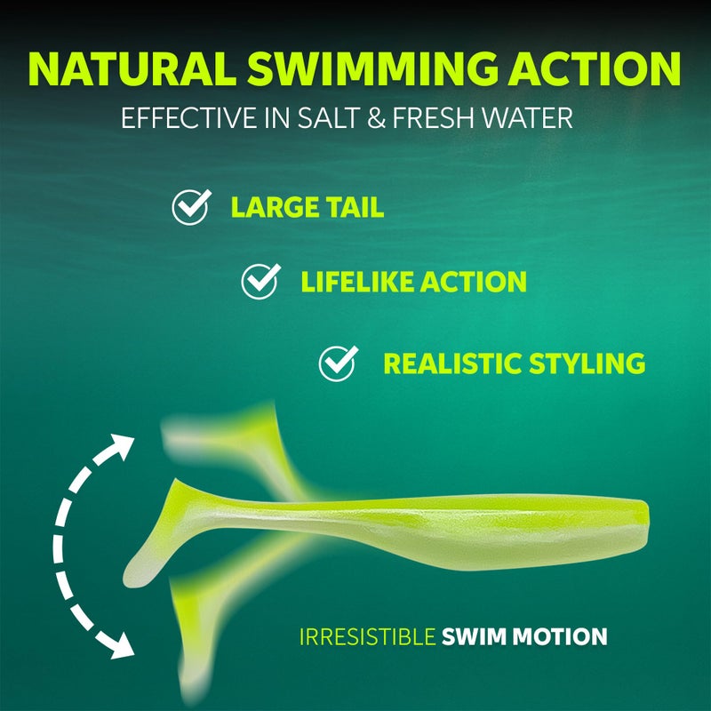 Fish On Tackle 3 1/4" Soft Plastic Paddle Tail Swimbait Pack of 12 - Pearl White with Electric Green Tail - Image 3