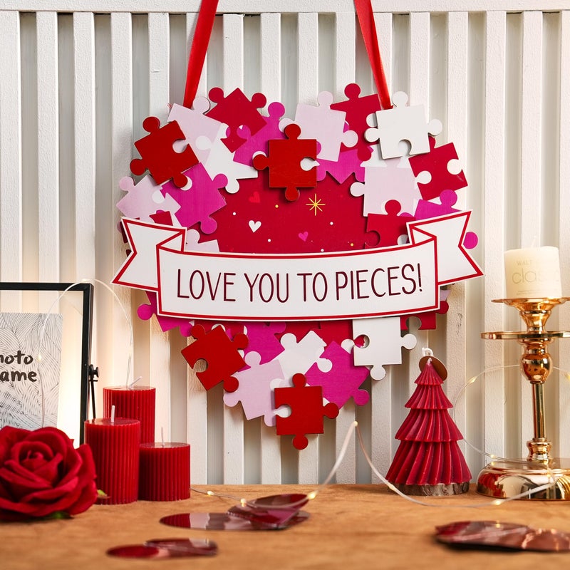 AOMOONOA Valentines Day Decorations, Valentines Wreath for Front Door, Love You to Pieces Door Sign, 3D Foldable Wooden Heart Decor, Romantic Wall Hanging Decoration for Wedding Anniversary - Image 4