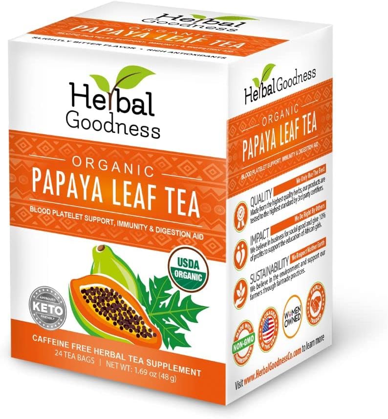 Herbal Goodness شاي أوراق البابايا العضوي من هيربال غودنس - 24 كيس لدعم صفائح الدم وصحة الجهاز الهضمي - Image 1
