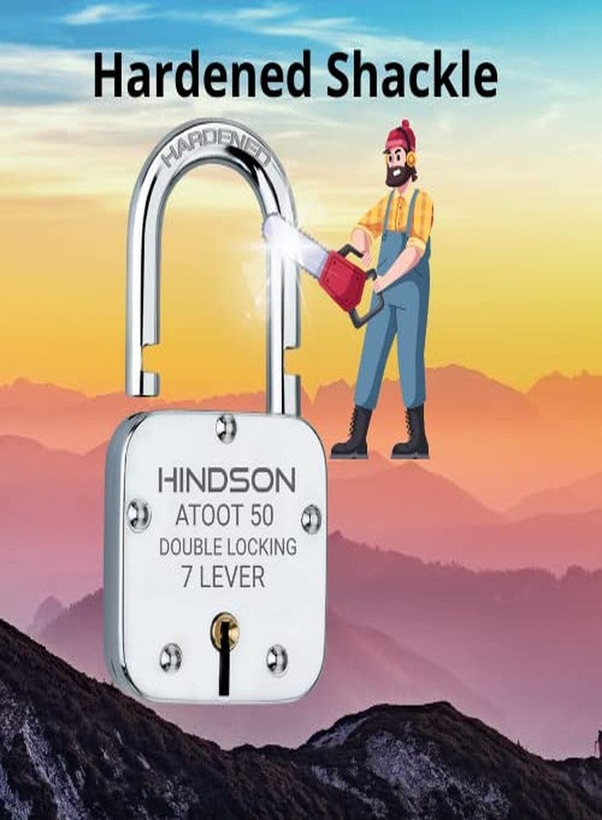HINDSON Small Lock Atoot 50mm with 3 Key, Atoot 50 Steel Double Locking, 7 Lever Padlock for Door, Gate, Shutter (Finish Silver) (Atoot 50mm Pack 2) - Image 2