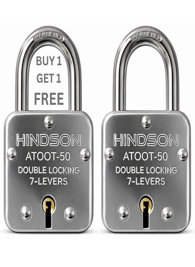 HINDSON Small Lock Atoot 50mm with 3 Key, Atoot 50 Steel Double Locking, 7 Lever Padlock for Door, Gate, Shutter (Finish Silver) (Atoot 50mm Pack 2) - Image 1